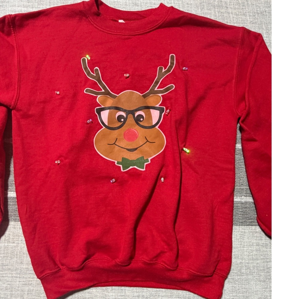Gildan Youth Large Red Reindeer Light Up Christmas Holiday Sweatshirt